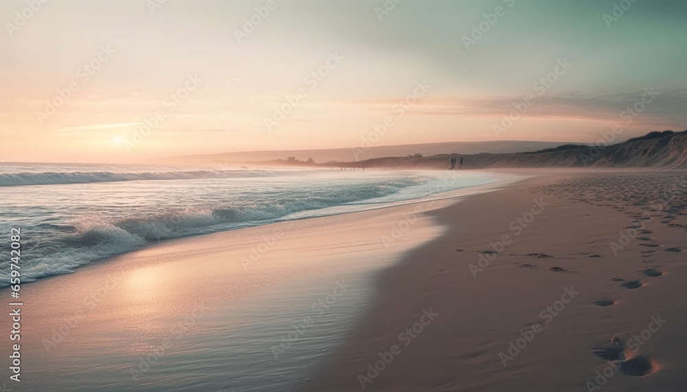 Obraz premium Tranquil scene of a sunset over the water edge generated by AI