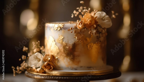 Golden honey glows on elegant wood, indulgent dessert indulges senses generated by AI