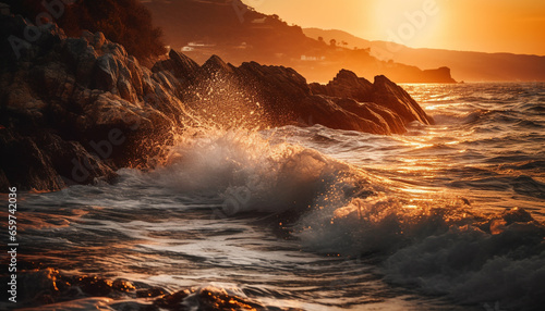 Sunset over the rocky coastline, waves splashing in the surf generated by AI