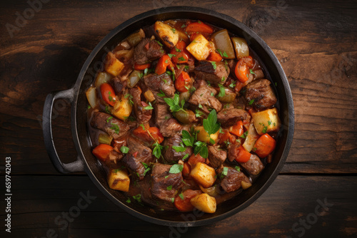 Meat stew in cast iron pan on wooden table