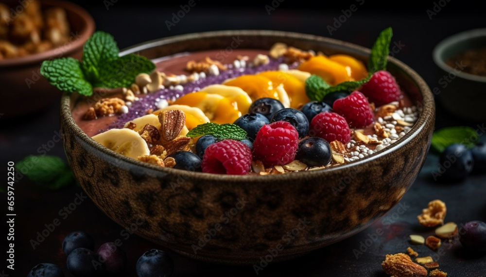 A gourmet parfait with fresh berries, granola, and honey generated by AI A gourmet parfait with fresh berries, granola, and honey generated by AI