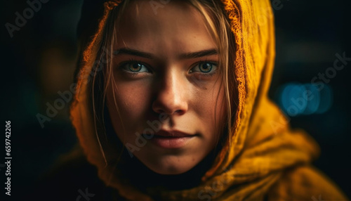 One young adult woman  outdoors  looking at camera  smiling generated by AI