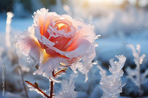frozen pink rose encased in ice