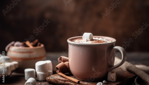 Hot chocolate and cookies on rustic table, a winter treat generated by AI