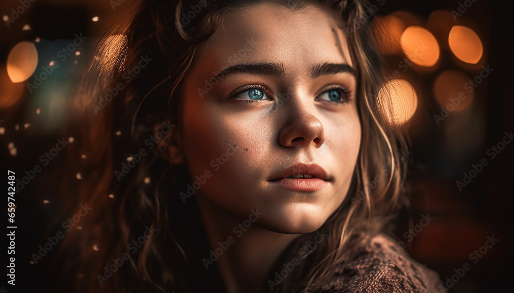 One young woman, indoors, smiling at camera with confidence generated by AI One young woman, indoors, smiling at camera with confidence generated by AI