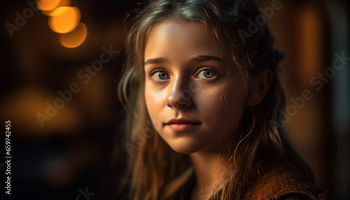 A beautiful young woman with brown hair smiling at camera generated by AI © Jeronimo Ramos