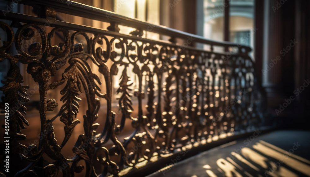 The ornate wrought iron balcony railing exudes elegance and history generated by AI - obrazy, fototapety, plakaty 