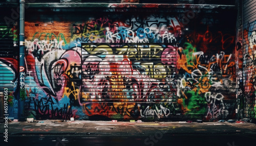 Vibrant graffiti mural brings chaotic city street to life at night generated by AI