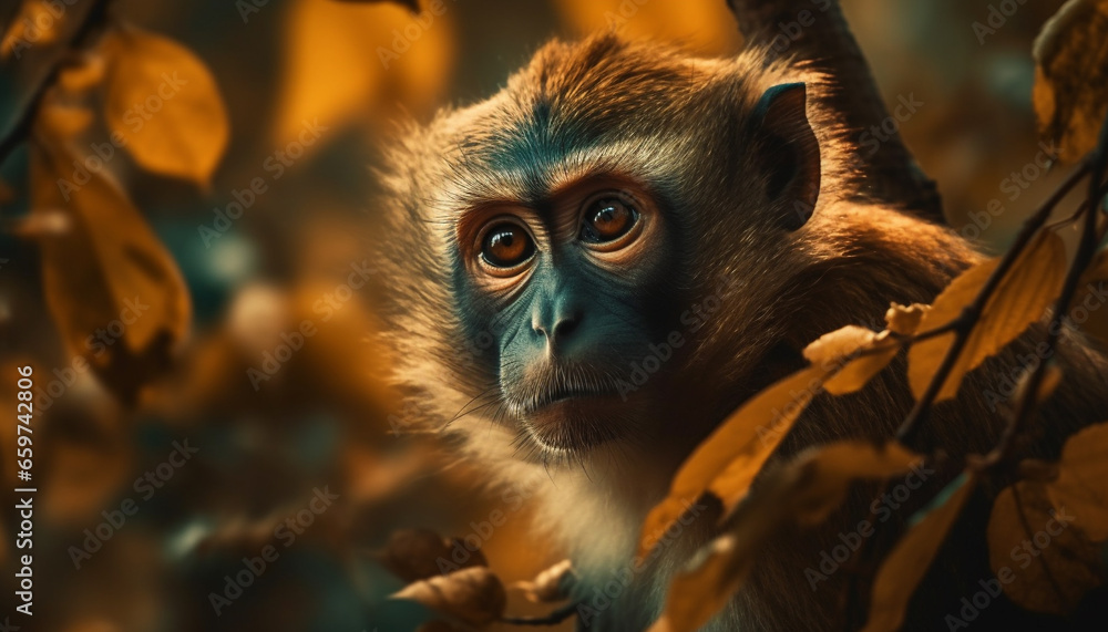 Fototapeta premium Cute young macaque staring at camera in African rainforest generated by AI