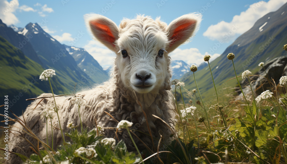 Cute young lamb grazing in green meadow, surrounded by nature generated by AI - obrazy, fototapety, plakaty 