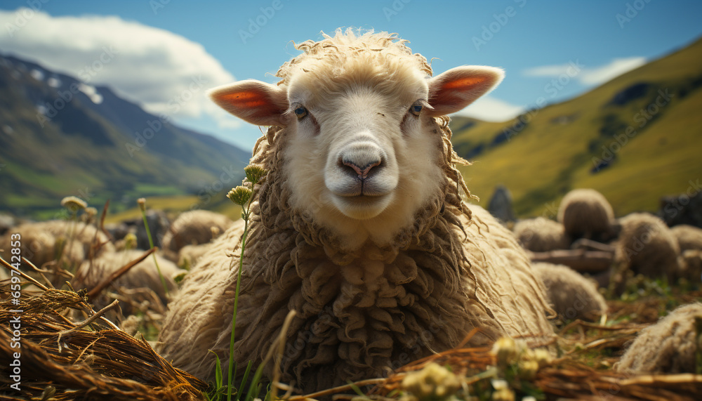 Fototapeta premium Cute young lamb grazing on green meadow in rural landscape generated by AI