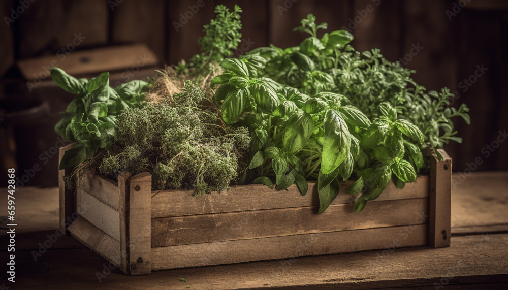 Fresh organic herbs and vegetables add healthy seasoning to cooking generated by AI Fresh organic herbs and vegetables add healthy seasoning to cooking generated by AI