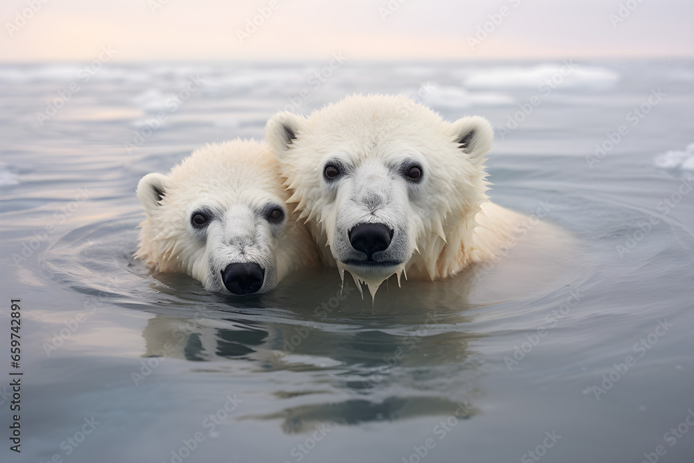 two polar bears swimming in ocean