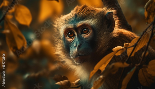Cute young macaque staring at camera in African rainforest generated by AI © Jeronimo Ramos