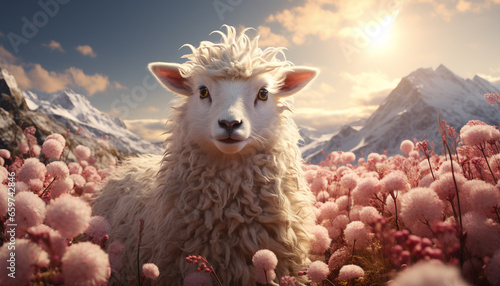 Cute lamb grazing on a snowy mountain farm  fluffy and adorable generated by AI