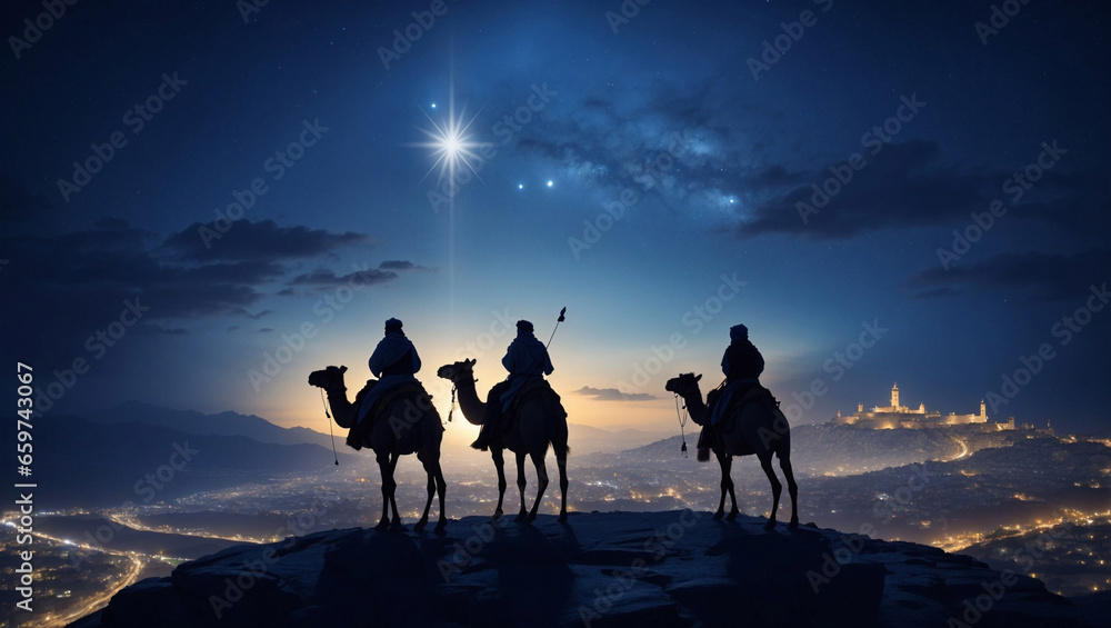 Three wise men traveling to Bethlehem to see the baby Jesus. - obrazy, fototapety, plakaty 