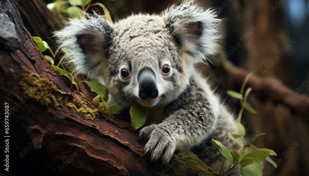 Fototapeta premium Cute koala sitting on branch, looking at camera in forest generated by AI