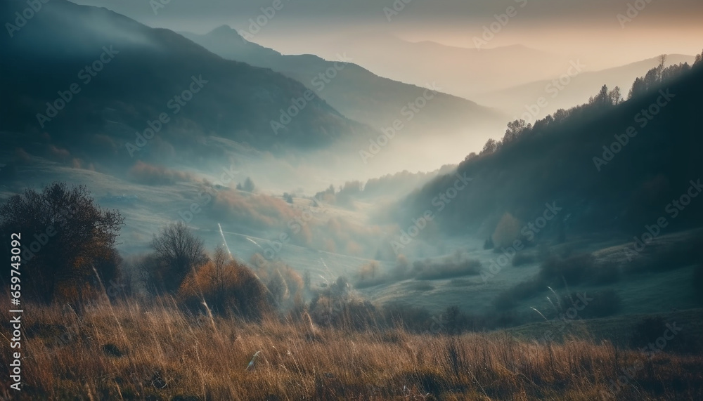 Majestic mountain range, tranquil meadow, mysterious fog, serene beauty generated by AI