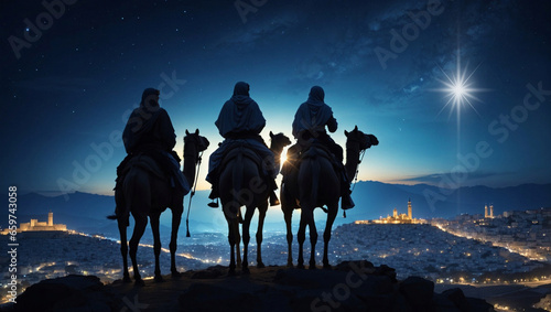 Three wise men traveling to Bethlehem to see the baby Jesus. © Marcos Santos