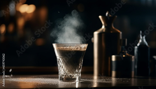 A whiskey cocktail on a dark table in a bar generated by AI