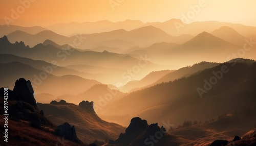 Majestic mountain range silhouetted at sunset, a tranquil scene generated by AI