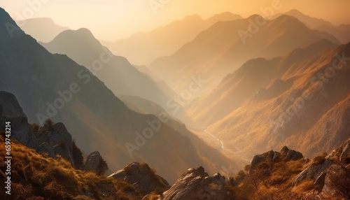 Majestic mountain range at dawn, tranquil scene with foggy ravine generated by AI