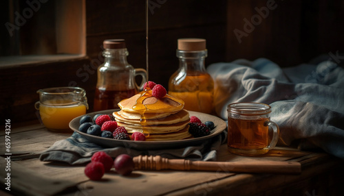 Stack of homemade pancakes with fresh fruit and berry syrup generated by AI