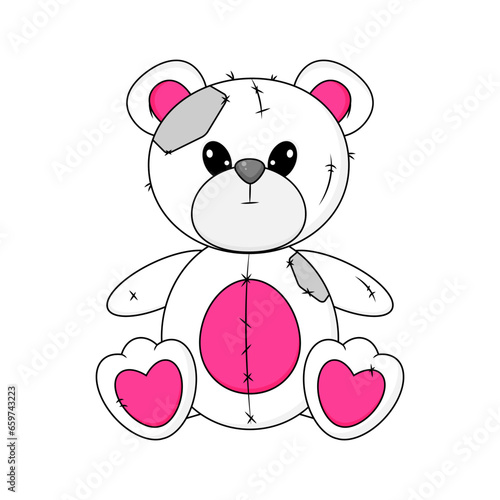 Wrong and Raped Teddy Bear toy. ripped open belly and sewn up with threads. Gothic aesthetic in y2k, 90s, 00s and 2000s style. Emo Goth tattoo sticker black white pink colors. Vector art illustration