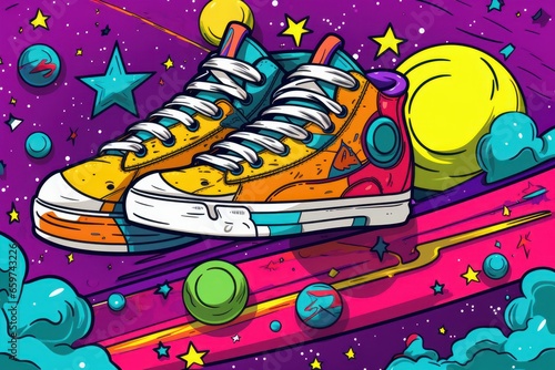 Pop Art Shoes Comic Illustration Retro 90s Style, Running Shoe Street Art Graffiti Pattern, Colorful Abstract Background.