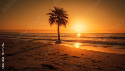 Silhouette of palm tree back lit by orange sunset sky generated by AI