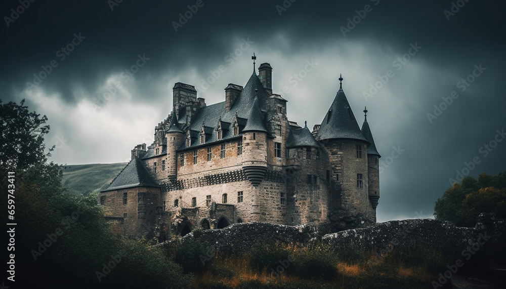 Majestic old ruin atop mountain, spooky gothic architecture, dramatic sky generated by AI Majestic old ruin atop mountain, spooky gothic architecture, dramatic sky generated by AI