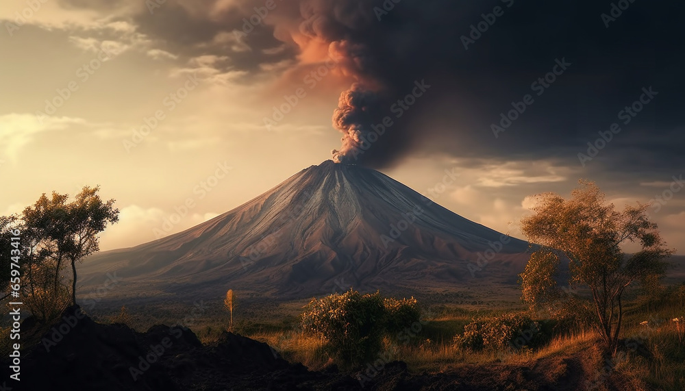 Volcanic landscape with mountain range, tree, and pyroclastic flow generated by AI