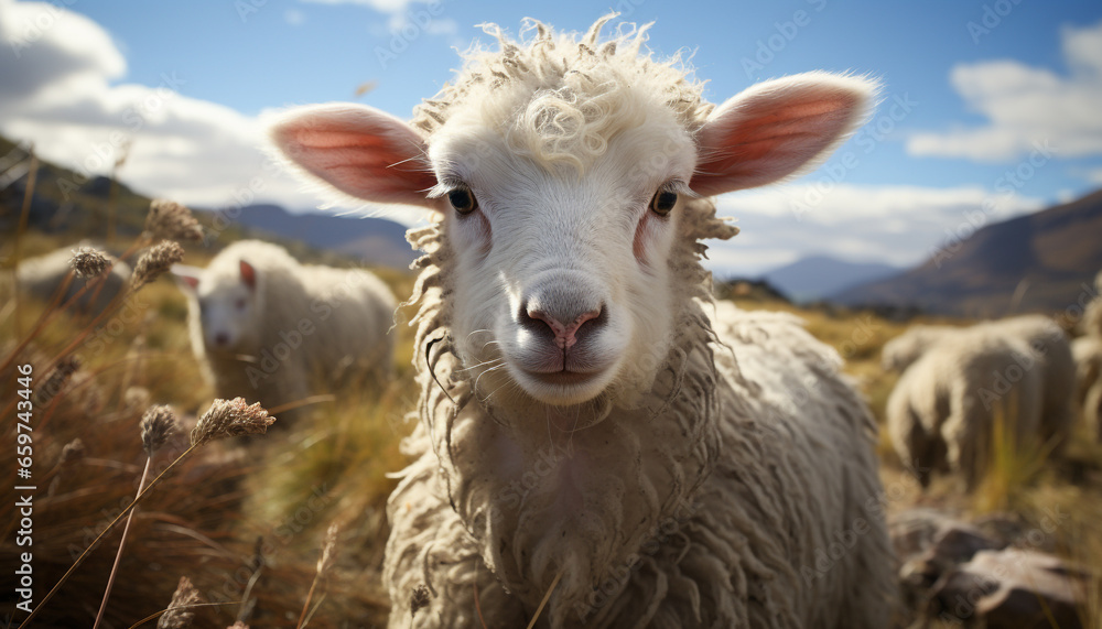 Obraz premium Cute lamb grazing in a green meadow, innocence in nature generated by AI
