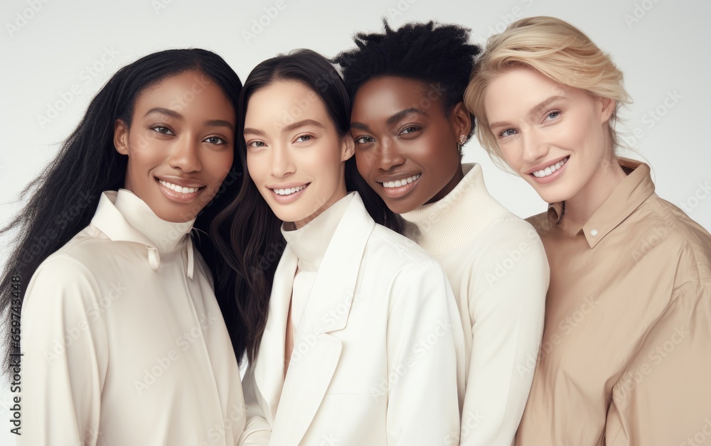 Group of smiling mixed skin people wearing white posing in a white office Group of smiling mixed skin people wearing white posing in a white office