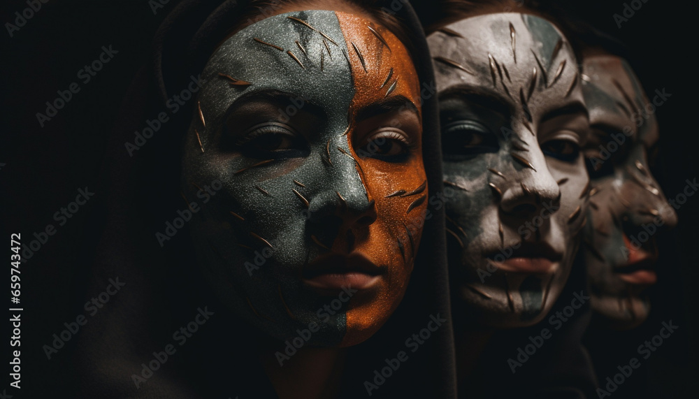 Spooky beauty young adult in Halloween mask with face paint generated by AI Spooky beauty young adult in Halloween mask with face paint generated by AI