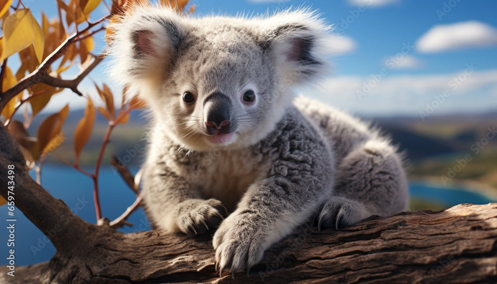 Naklejka premium Cute koala sitting on a tree branch, looking at camera generated by AI