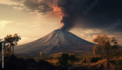 Volcanic landscape with mountain range, tree, and pyroclastic flow generated by AI © Stockgiu