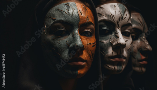 Spooky beauty young adult in Halloween mask with face paint generated by AI