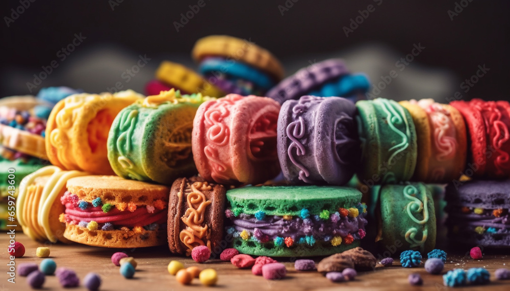 Indulgent homemade gourmet cookies with colorful chocolate decoration and variation generated by AI