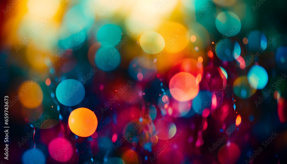 Brightly lit party backdrop with defocused glitter shapes and circles generated by AI