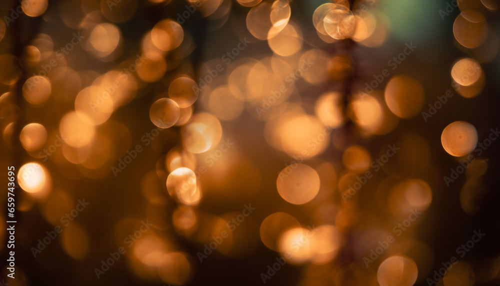 Softly glowing Christmas lights illuminate the dark, defocused backdrop generated by AI