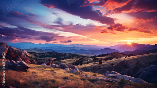 Rocky mountains range and clouds sunset landscape © Emma