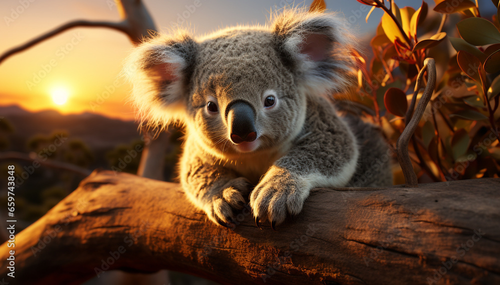 Fototapeta premium Cute koala sitting on a tree branch, looking at camera generated by AI