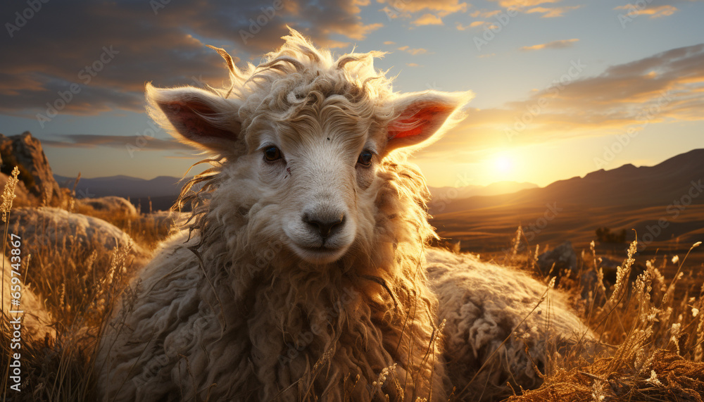 Fototapeta premium A cute lamb grazes on a grassy meadow at sunset generated by AI