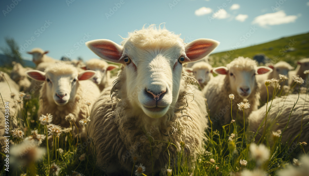 Fototapeta premium Cute lamb grazing on green meadow, surrounded by flock of sheep generated by AI