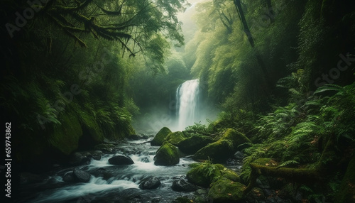 Tranquil wilderness flowing water, green trees, and mysterious fog generated by AI © Stockgiu