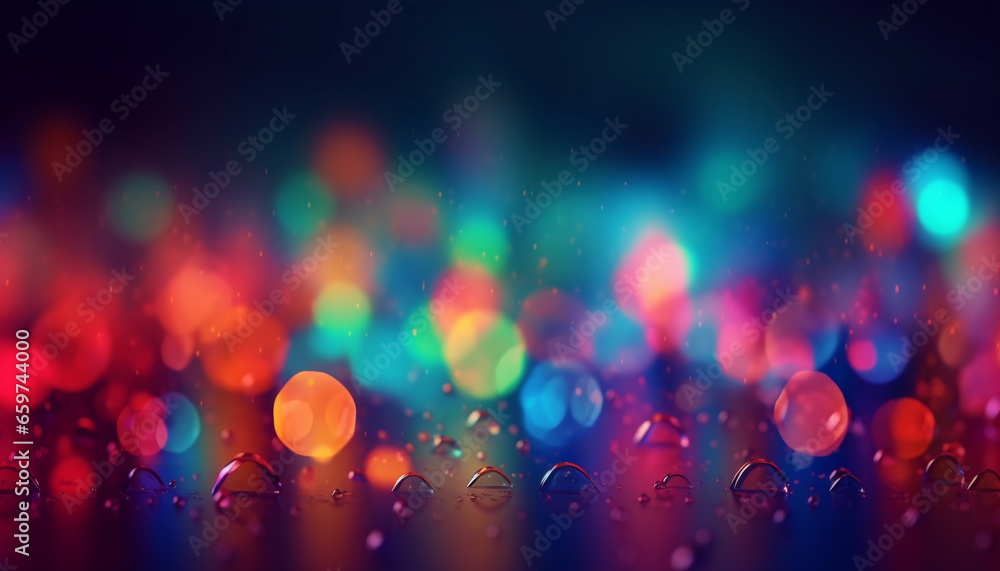 Vibrant colors ignite celebration with abstract defocused backdrop and glowing lights generated by AI