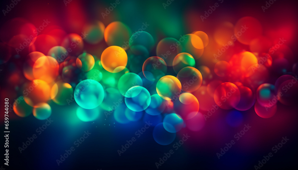 Vibrant celebration backdrop with multi colored glowing circles and shapes generated by AI