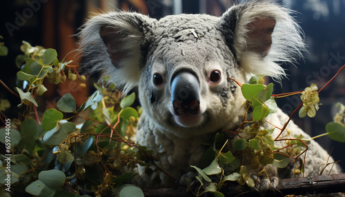 Cute koala sitting on a branch, looking at the camera generated by AI