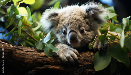 Cute koala sitting on a branch, looking at the camera generated by AI